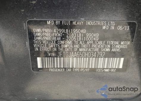 2013 Subaru Impreza 2.0I из США, поврежденный, VIN JF1GJAA65DH034792